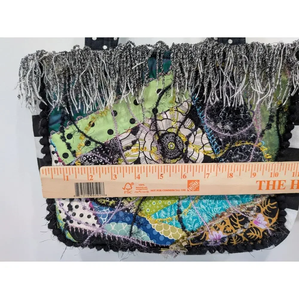 Quilted Patchwork Tote Purse Bag Boho Mixed Media Fringe Pikake Design Embelish